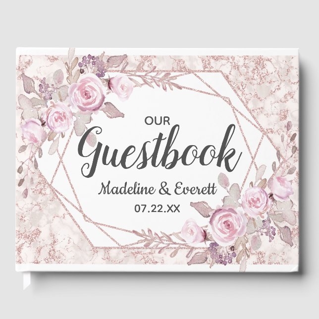 Blush Marble Geometric Floral Wedding Monogram Guest Book (Front)