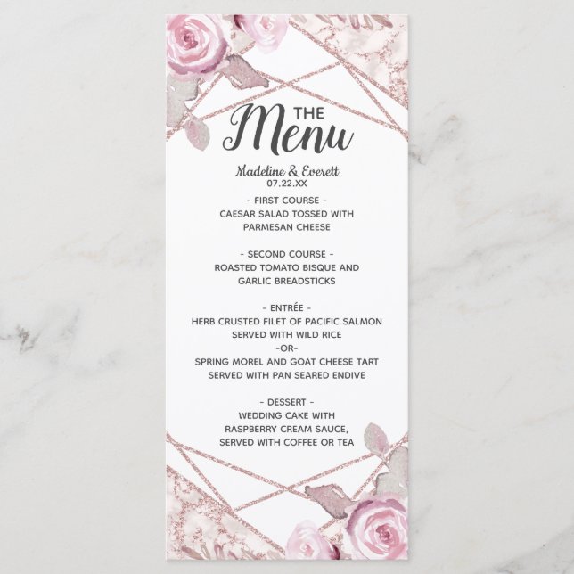 Blush Marble Geometric Frame Floral Wedding Menu (Front)