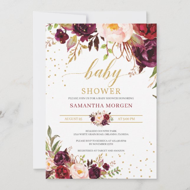 Blush marsala pink floral gold boho baby shower invitation (Front)