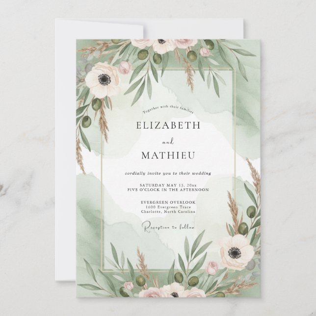 Blush Mint Anemone Wedding Invitation (Front)