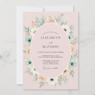 Blush Mint Botanical Watercolor Wedding Invitation
