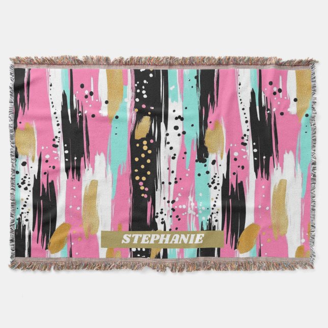 Blush Mint Gold Luxury Abstract Throw Blanket (Front)