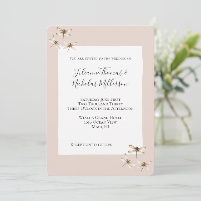 Blush Mocha Cream Dragonflies Wedding  Invitation (Standing Front)