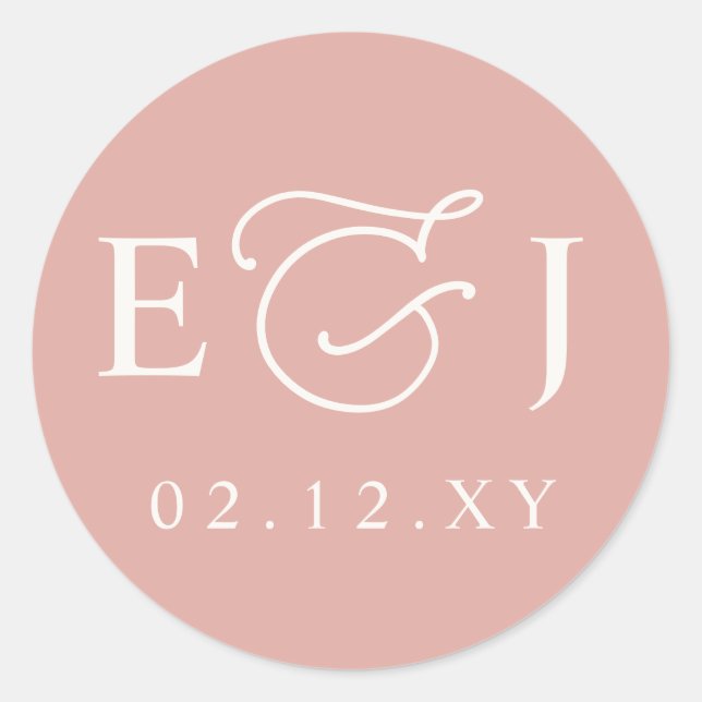 Blush Modern Initials Monogram Wedding Classic Round Sticker (Front)