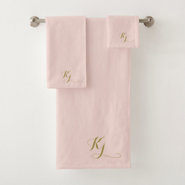 Blush Modern Monogram Gold Script Initials Bath Towel Set (Insitu)