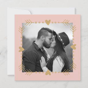 Blush Modern Photo Gold Hearts Wedding Invitation