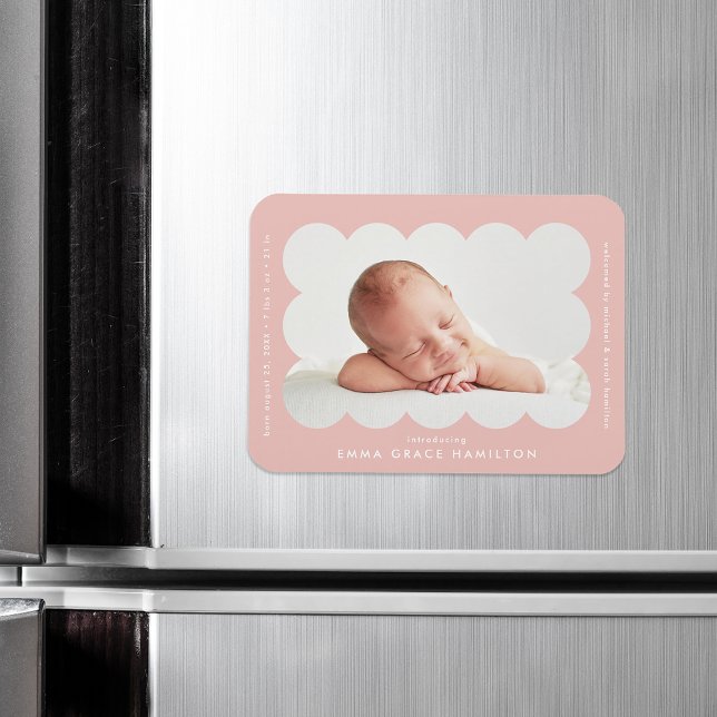 Blush Modern Scalloped Frame Birth Announcement Magnet (Creator Uploaded)
