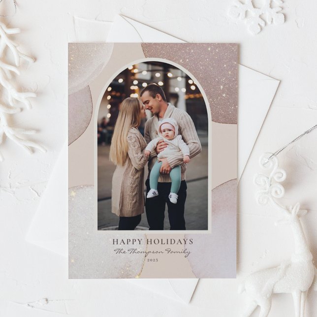 Blush Modern Shimmering Shapes Photo Holiday Card (Creator Uploaded)