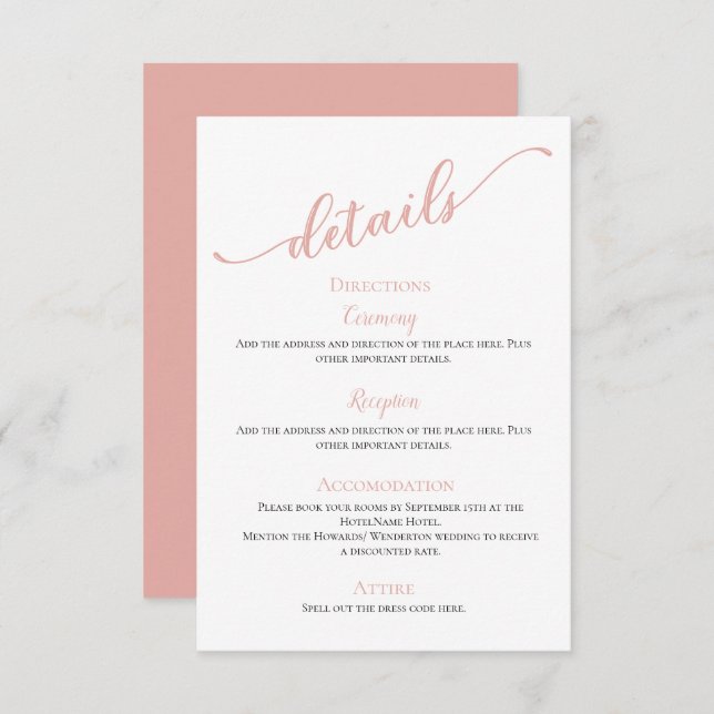 Blush modern simple minimal details wedding enclosure card (Front/Back)