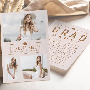 Blush Modern Typography 3 Photo Graduation Party Invitation