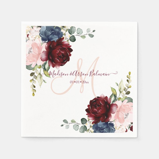 Blush Monogram, Burgundy Blue Floral Watercolor Napkin (Front)