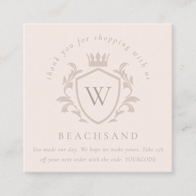 Blush Monogram Floral Crown Crest Order Thank You Square Business Card (Front)