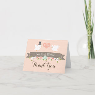 BLUSH MONOGRAM LOVE BIRDS DOVE WEDDING THANK YOU CARD