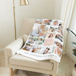 Blush Monogram Photo Collage<br><div class="desc">Customise this soft fleece blanket with 16 square photos arranged in a grid collage layout, with one large image and the remainder small. Your single initial monogram appears on a blush pink square at the lower right. Add your family name or custom caption along the bottom in chic grey.</div>