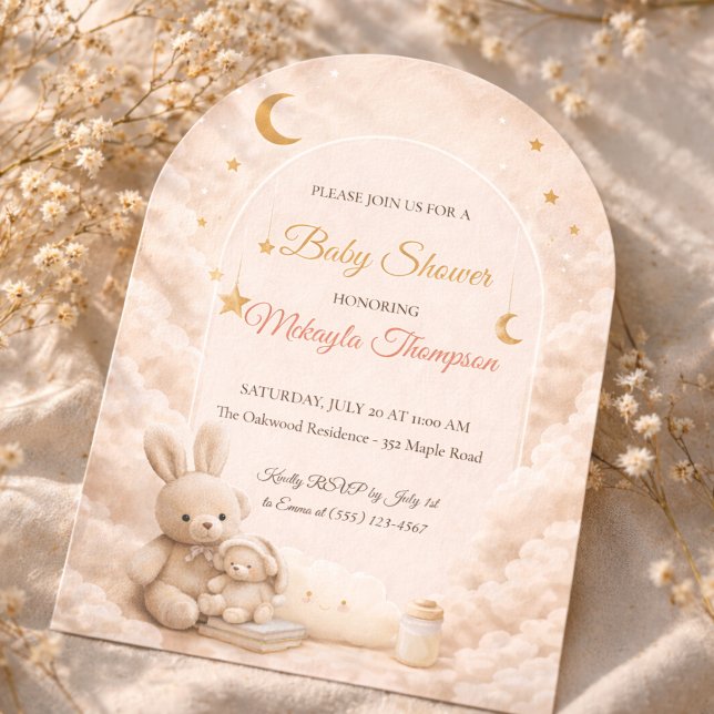Blush Moon Bunny Invitation (Blush cloud arch with golden moon and bunny detail for a soft, dreamy baby shower setting)