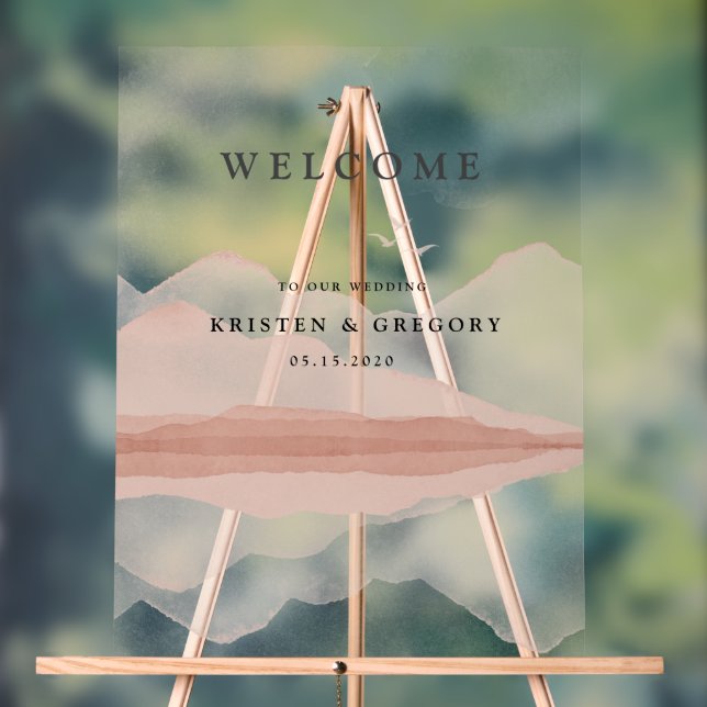 Blush Mountain Range Landscape Wedding Acrylic Sign (Neutral)