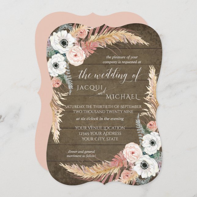 Blush n White Pampas Grass Floral Rustic Wedding Invitation (Front/Back)