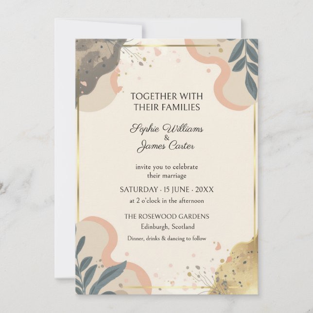 Blush Navy Abstract Modern Wedding Invitation (Front)