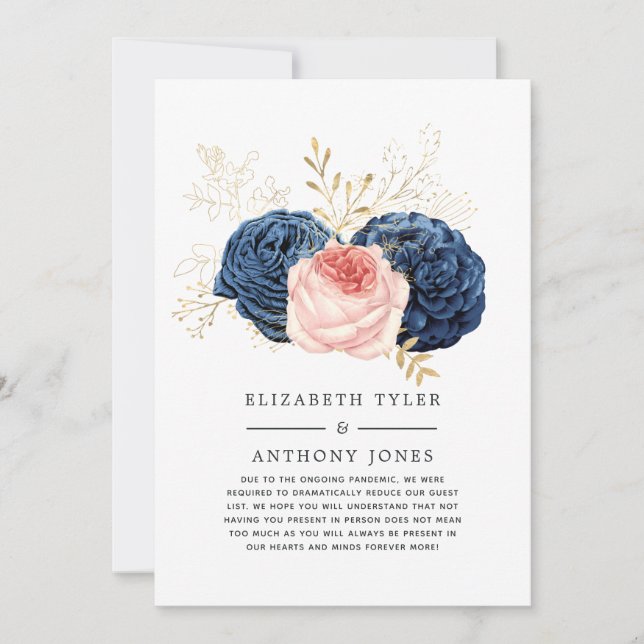 Blush, Navy and Gold Floral Reduced Wedding Guest Announcement (Front)