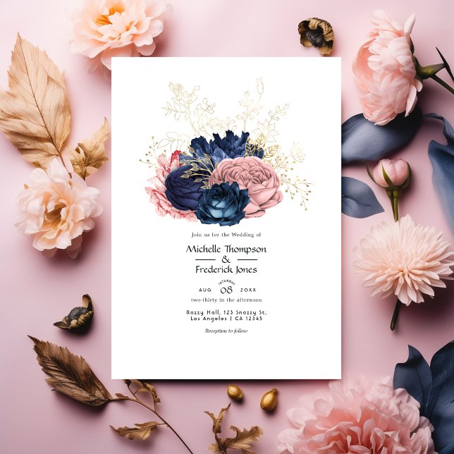 Blush, Navy and Gold Floral Wedding Invitation (Creator Uploaded)