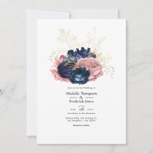 Blush, Navy and Gold Floral Wedding Invitation