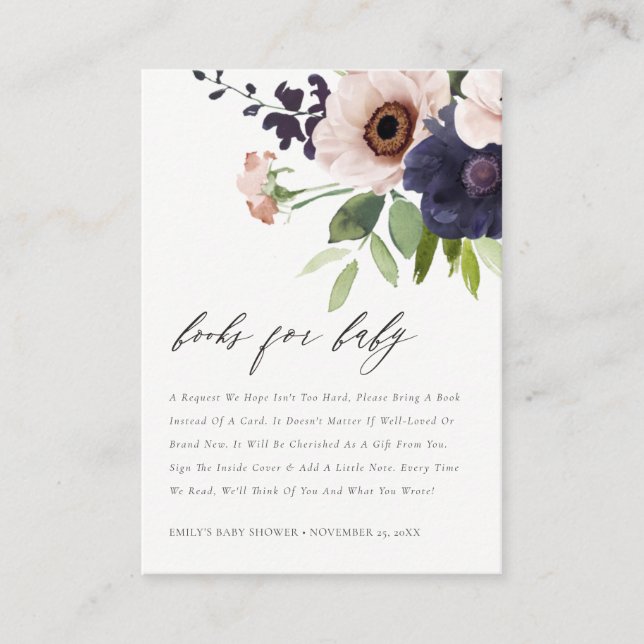 Blush Navy Anemone Floral Books for Baby Shower Enclosure Card (Front)