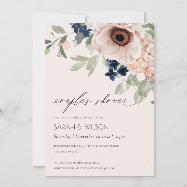 Blush Navy Anemone Floral Couples Shower Invite (Front)