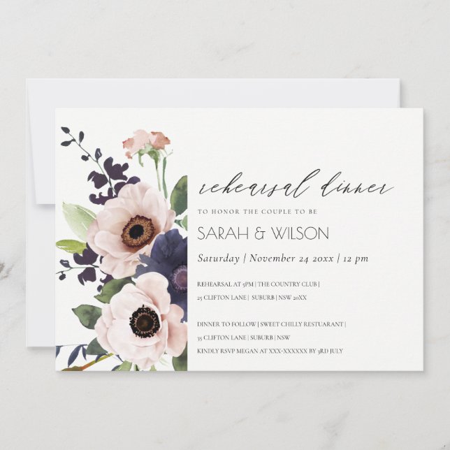 Blush Navy Anemone Floral Rehearsal Dinner Invite (Front)