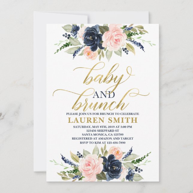 Blush navy baby shower invitation, brunch for baby invitation (Front)