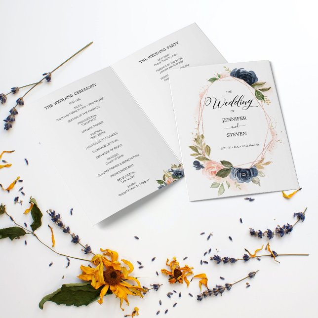 Blush Navy Blossom Floral Folded Wedding Program (Creator Uploaded)