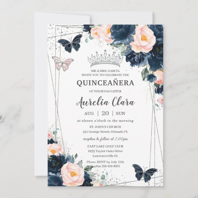 Blush Navy Blue Floral Butterflies Quinceañera Invitation (Front)