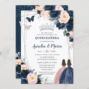 Blush Navy Blue Floral Silver Twins Quinceañera Invitation