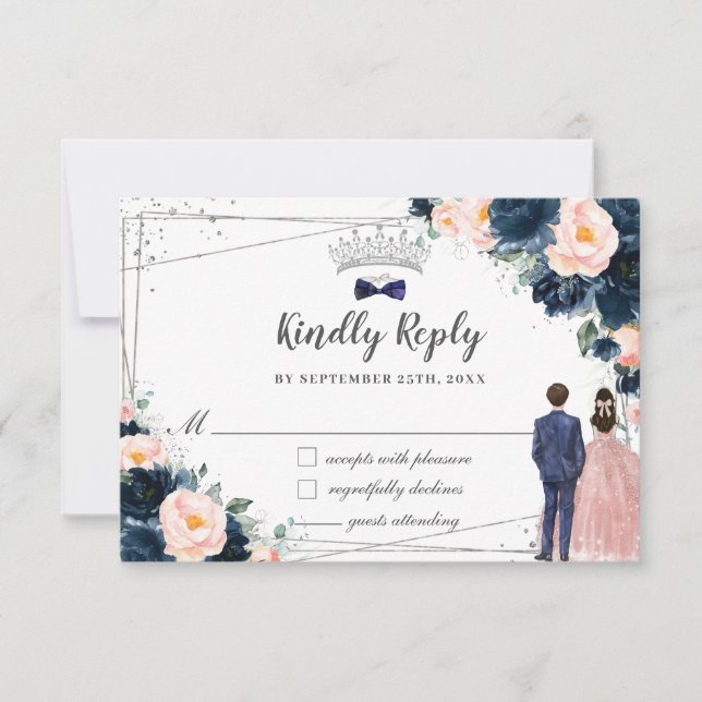 Blush Navy Blue Floral Twins Boy Girl Quinceañera RSVP Card (Front)