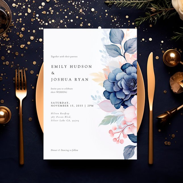 Blush Navy Blue Floral Wedding Invitation (Creator Uploaded)