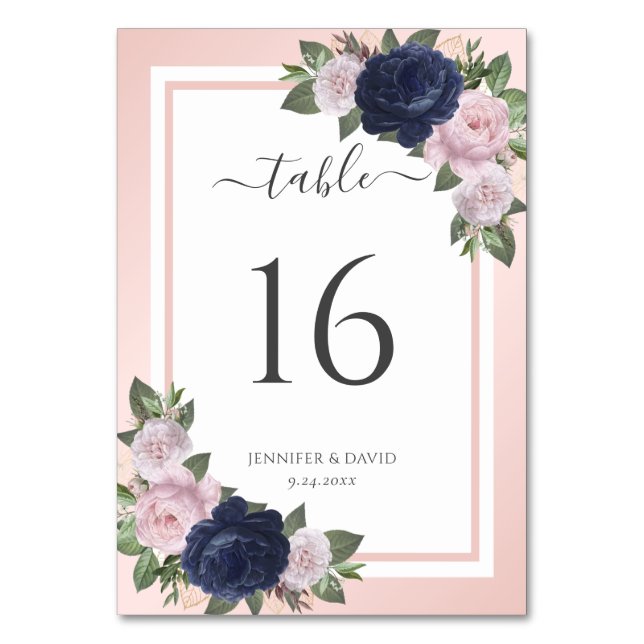 Blush Navy Blue Floral Wedding Table Number (Front)