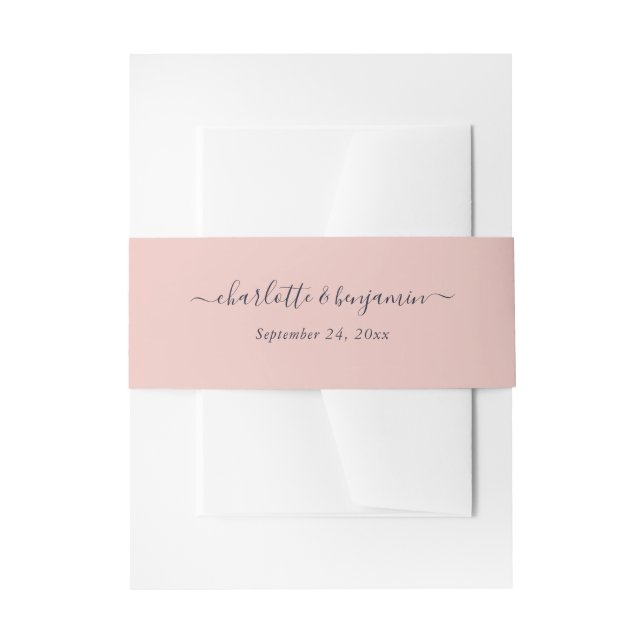 Blush Navy Blue Modern Script Wedding Invitation Belly Band (Front Example)