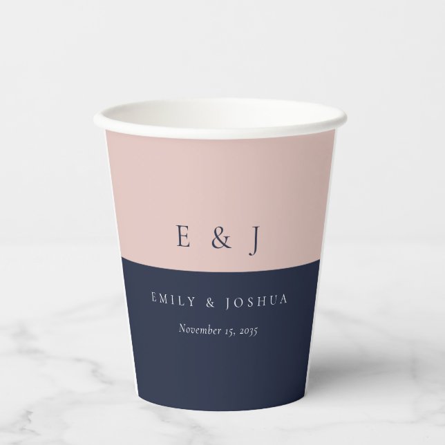 Blush Navy Blue Modern Wedding Paper Cups (Front)