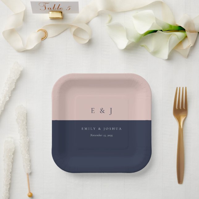 Blush Navy Blue Modern Wedding Paper Plate (Wedding)