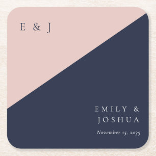 Blush Navy Blue Modern Wedding Square Paper Coaster