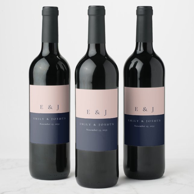 Blush Navy Blue Modern Wedding Wine Label (Bottles)