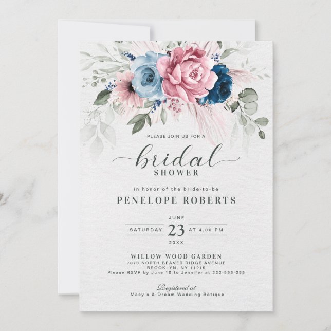 Blush Navy Blue Soft Pastel Pink  Bridal Shower Invitation (Front)