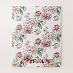 Blush Navy Blue Soft Pastel Pink Floral Jigsaw Puzzle