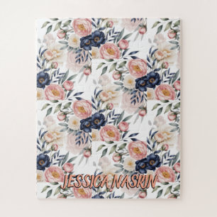 Blush Navy Blue Soft Pastel Pink Floral Jigsaw Puzzle