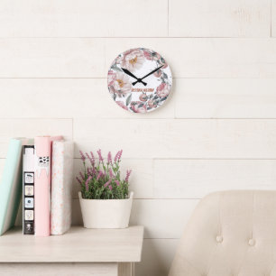 Blush Navy Blue Soft Pastel Pink Floral Round Clock