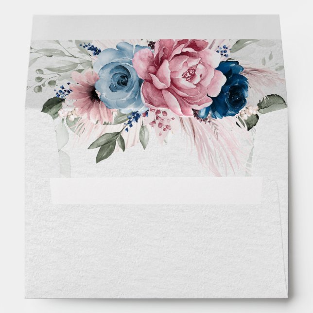 Blush Navy Blue Soft Pastel Pink Floral Wedding Envelope (Back (Bottom))