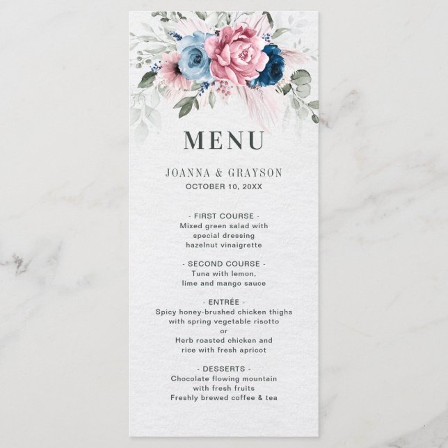 Blush Navy Blue Soft Pastel Pink Floral Wedding Menu (Front)