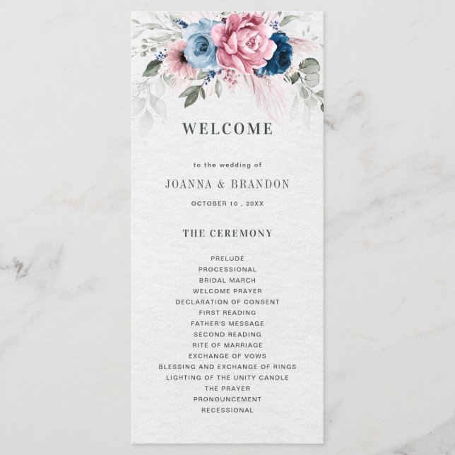 Blush Navy Blue Soft Pastel Pink Floral Wedding Programme (Front)