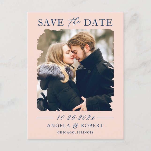Blush Navy Brush Stroke Photo Frame Save the Date Postcard (Front)