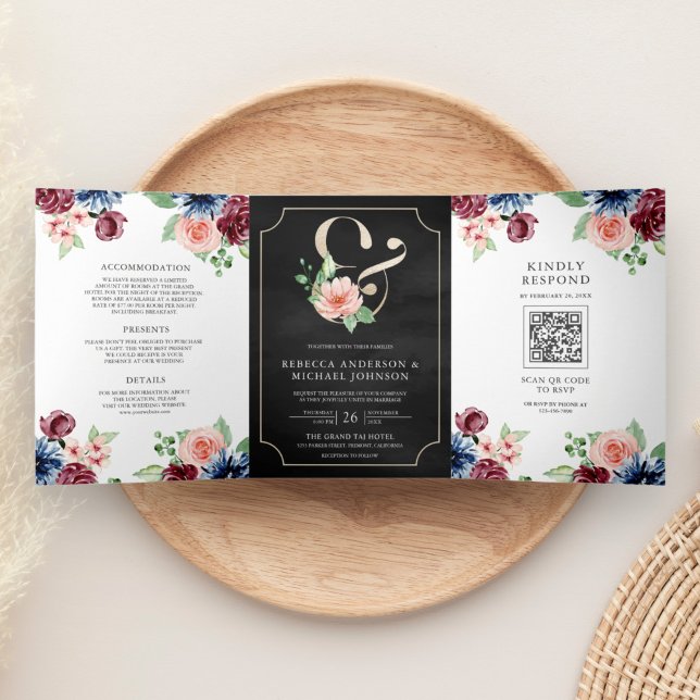 Blush Navy Burgundy Floral Black QR Code Wedding Tri-Fold Invitation (Creator Uploaded)