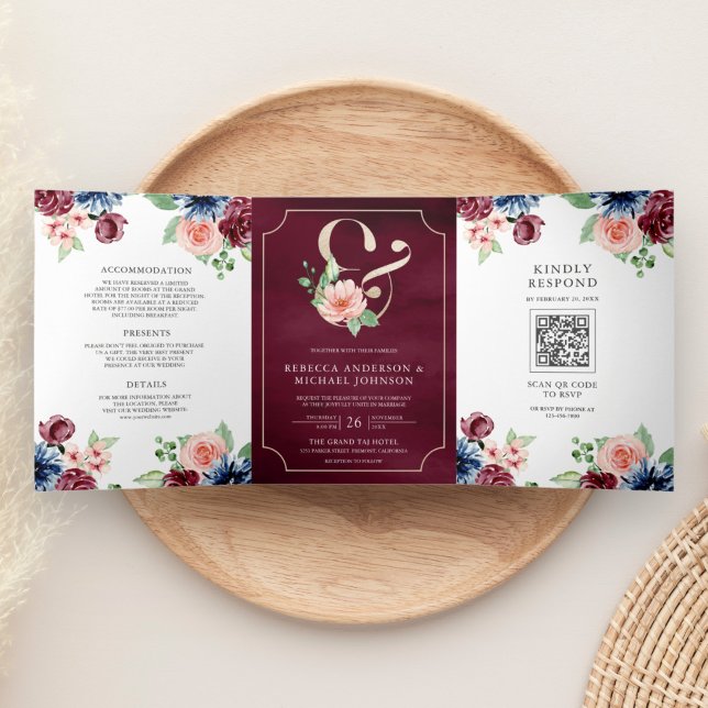 Blush Navy Burgundy Floral Marsala QR Code Wedding Tri-Fold Invitation (Creator Uploaded)